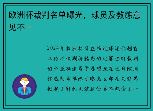 欧洲杯裁判名单曝光，球员及教练意见不一