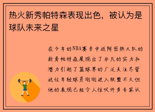 热火新秀帕特森表现出色，被认为是球队未来之星