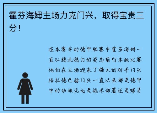 霍芬海姆主场力克门兴，取得宝贵三分！